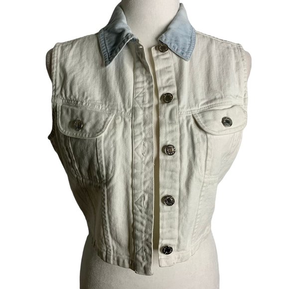 Vintage 90s Tangibles Denim Vest M White Button Up Pockets Cropped Cotton - Picture 1 of 6